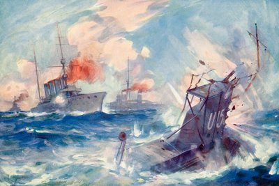 The sinking of the German submarine SM U-15 after being rammed by the British light cruiser H.M.S. Birmingham, 9 August 1914 during World War One, from The History of the Great War, published c.1919 by English School